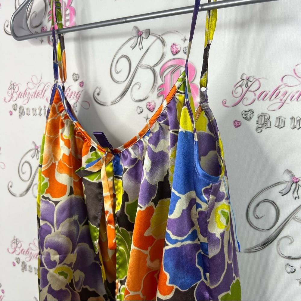 La SENZA baby doll mini dress tank Floral Camisole Purple, Orange Green ruffle - Picture 4 of 7